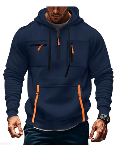 Image of MakingDa Mens 1/4 Zip Hoodies Long Sleeve Pullover Zipped Chest Pocket Cuffed Shirts Hoody Fleece Slim Fit Casual Daily Hooded Sweatshirts Navy Blue XL