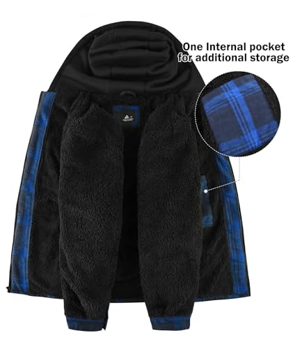 Image of V VALANCH Men's Flannel Shirt Jacket with Hood Fleece Lined Plaid Jacket Zip Up Winter Warm Coat