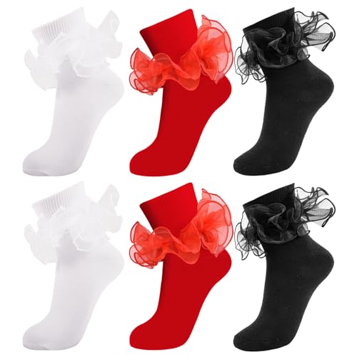 Image of Women Big Ruffle Ankle Socks Adult Double Lace Frilly Turn Cuff Dress Socks Cotton Cute Fancy Bobby Crew Socks