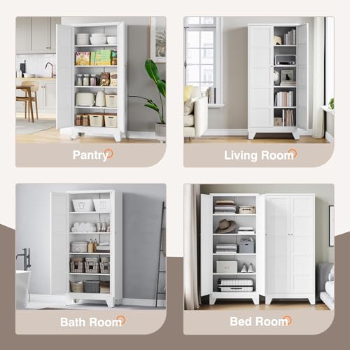 Image of Yizosh Metal Storage Cabinet with 2 Doors and 4 Adjustable Shelves,- 71 inch White Kitchen Pantry Storage Cabinet for Kitchen,Dining Room,Living Room