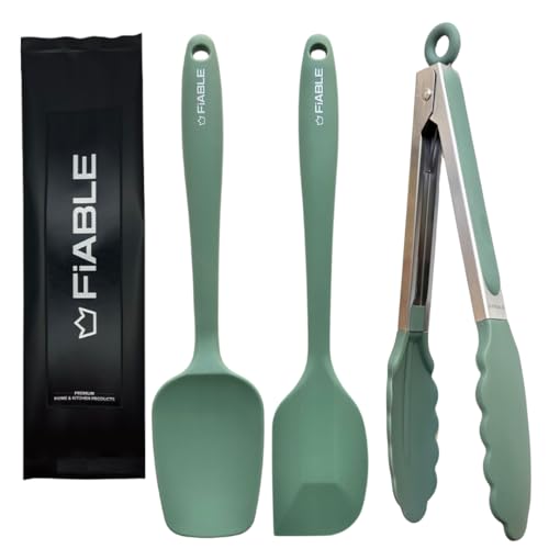 Image of FiABLE Premium Silicone Spatulas and Tong Set - 230C Heat Resistant - Versatile Usage - 1 Yr Brand Warranty - Dishwasher Safe - Seamless Design - Spatula, Spoonula & Tong - Green