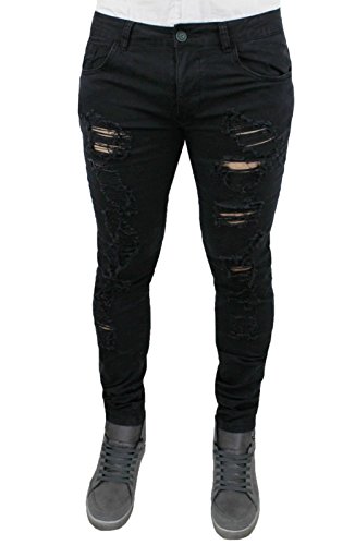 Jeans slim homme noir stretch et respirant avec déchirures casual