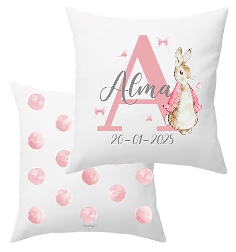 Worfull Regalos Cojín Personalizado con Nombre, cojín guardería, cumpleaños, Vuelta al Cole, cojín Personalizado bebé, un Regalo Original. Dibujo Acuarela. (coneja Chaqueta Rosa)
