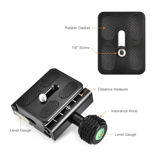 UTEBIT Placa de liberación rápida de 50 mm, Compatible con Placas de cámara Swiss Arca, Soporte de Placa Universal con Adaptador de Tornillo de 1/4" 3/8" y Nivel de Burbuja - imagen 3