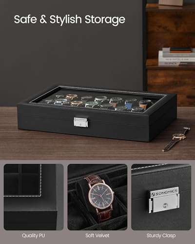 SONGMICS 24-Slot Watch Box, Lockable Watch Storage Case with Glass Lid, Gift Idea, Ink Black Synthetic Leather, Ink Black Lining UJWB024B02