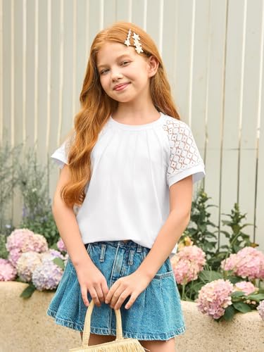 Girls Pleated T Shirts Kids Fashion Lace Sleeve Summer Tops Casual Crewneck Blouse 5-14 Years2