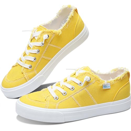 Obtaom Women's Play Fashion Sneaker Comfortable Canvas Slip on Shoes Washed Canvas Flats(Lemon Yellow,US6)