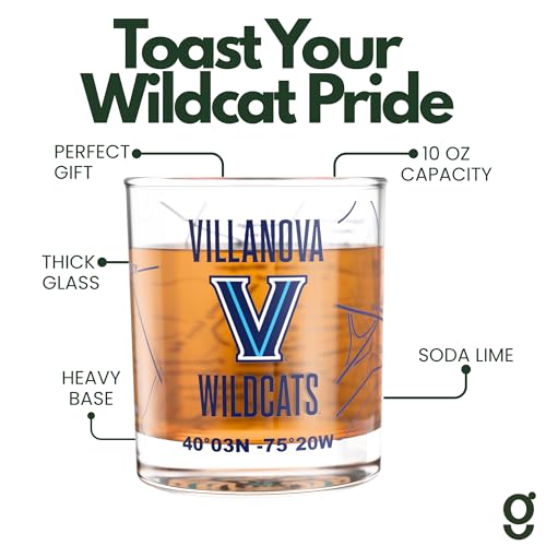 Image of Greenline Goods Villanova University Wildcats Whiskey Glasses Set of 2, 10 oz Rocks Glasses with Full-Color Logo & Campus Map - Officially Licensed Bourbon Glass Gift for Alumni & Fans