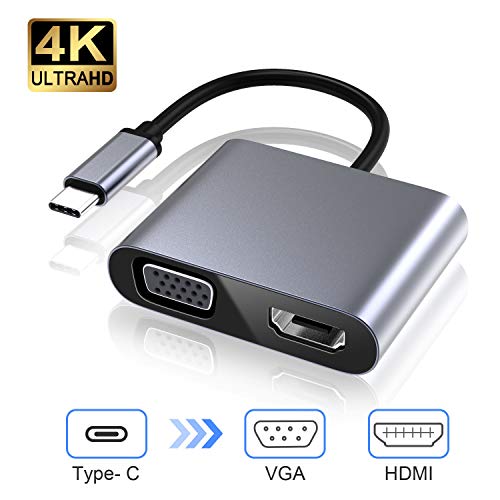 Adaptador USB C a VGA HDMI, USB 3.0 Hub Tipo C a VGA HDMI 4K UHD Adaptador, Compatible con Ordenadores portátiles, MacBook Pro/Air, Nintendo, DELL HP Spectre, Samsung S8/S9, Huawei Mate 30 y más