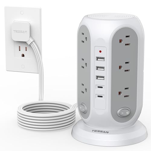 TESSAN Tower Power Strip with Individual Switches, Surge Protector with 12 Outlets, 5 USB Ports(2 USB C), Flat Extension Cord 10 Ft, 1250W, Charging Station for Multiple Devices, for Office, Dorm