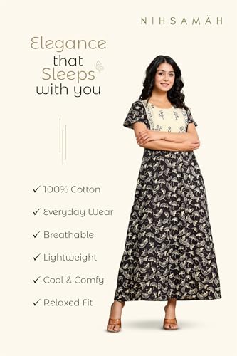 Image of NIHSAMAH Cotton Nighty for Women - Printed Stylish Night Gown, Comfortable Sleepwear Long Nightwear, Maxi