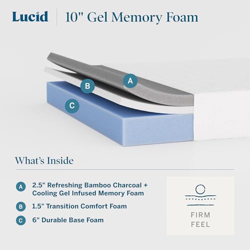 LUCID 10 Inch Memory Foam Mattress - Firm Feel - Infused with Bamboo Charcoal and Gel - Bed in a Box - Temperature Regulating - Pressure Relief - Breathable - California King SizeCalifornia King Size