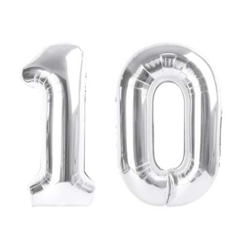 Image of Number Balloons 10 Balloon 40 inch Silver for 10 100 Anniversary Decoration | Saturated Color, Large 40 in, With Straw & Hanging Hole, For Graduation Season, Thanksgiving, Anniversary, Christmas