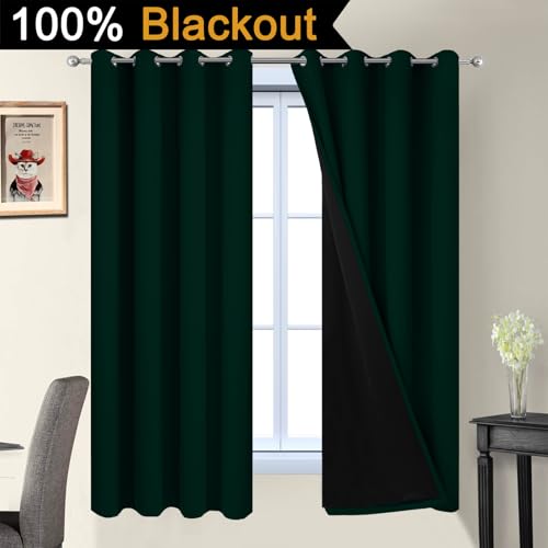 Image of Yakamok Pine Tree Green 100% Blackout Curtains 63 Inches Long 52 inch Wide | Blackout Curtain Panels for Bedroom, 2 Thick Layers Grommet Top Thermal Insulated Drapes with Black Liner for Living Room