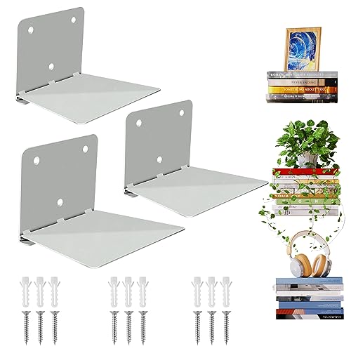 Sheeliy Unsichtbares Bücherregal, Schwebendes Bücherregal, Unsichtbare Regale für Bücher, Schwebendes Regale Wand für Schlafzimmer, Floating Bookshelf Metall Stabil für Büro, Küche, Grau, 3er Set