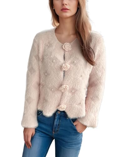 Women's Mohair Sweater – Fuzzy Mohair Cardigan Pearl Soft Chunky Button-Up Fuzzy Sweater for Women