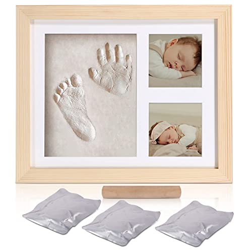 Cadre photo d'argile d'empreinte de main de bébé,Kits de moulage et d'empreintes, cadre en bois et verre acrylique, cadeau de kits de moulage et d'impression pour baptême de bébé(wood-2823)