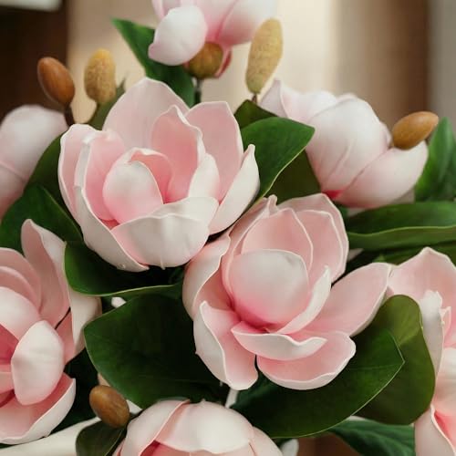 Image of Decor & More 2 PCS Artificial Flowers Bunch - Silk Magnolia Bouquet Long Stem for Vase | Artificial Flower for Decoration | Long Artificial Flowers for Big Vase, Home & Wedding Decor (Without Pot)