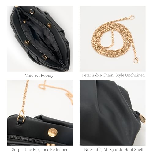 Clutch Purses for Women, Chic Pleated PU Black and Gold Purse with Detachable Chain and Sparkle Hard Shell, Roomy Evening Bag4