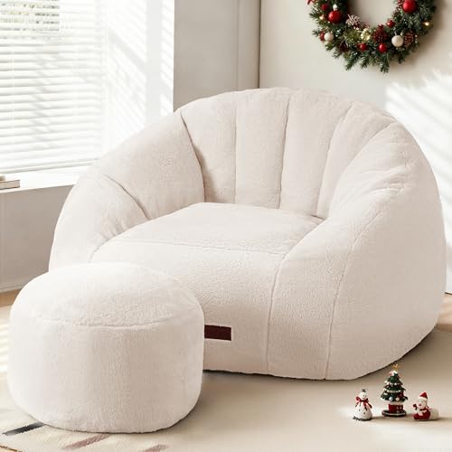 HABUTWAY Bean Bag Chair, Giant Bean Bag Chairs for Adults with Ottoman, Comfy Faux Fur Shell-Shaped Bean Bag Couch, Sofa Chair for Living Room, Bedroom, White