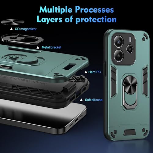 Image of ShieldTech Back Cover for Redmi Note 14 5G | Rugged Armor Case with Ring Stand | 360 Protection | Shockproof | Camera & Screen Guard for Redmi Note 14 5G (PC, Green)