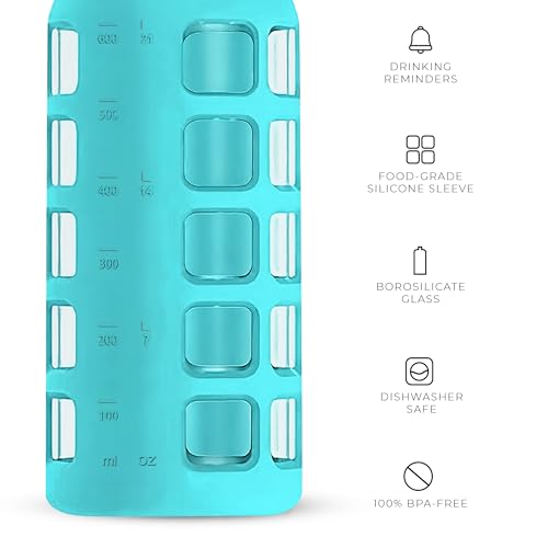 purifyou 40oz / 32oz / 22oz / 12oz Borosilicate Glass Water Bottle with Time & Volume Markers, Silicone Sleeve, Stainless Steel Lid | Reusable Glass Bottle for Water & Juice (22oz Aqua Blue)