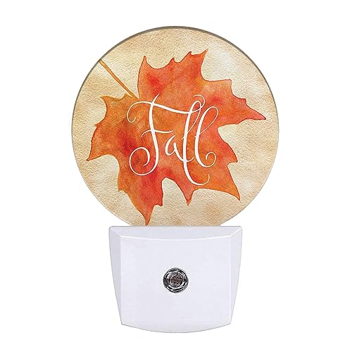 Image of Fall Plug-in Nightlight Watercolor Autumn Maple Leaf Night Light Auto Dusk-to-Dawn Sensor LED Lighting for Bedroom Bathroom Kitchen Home Decor Orange