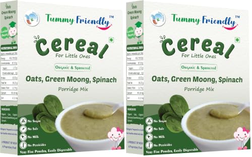 Image of TummyFriendly Foods Certified Organic Oats, Sprouted Green Moong, Spinach Porridge Mix | Made of Sprouted Whole Green Moong, Spinach | Organic Oats for baby 8 months and 1 year old | Rich in Protein and Iron | No Sugar, No Salt, No Milk, No Chemicals, No Pesticides & No GMO | Maximum Possible Nutrition From Real-Food | 9 Month Shelf Life | 200g