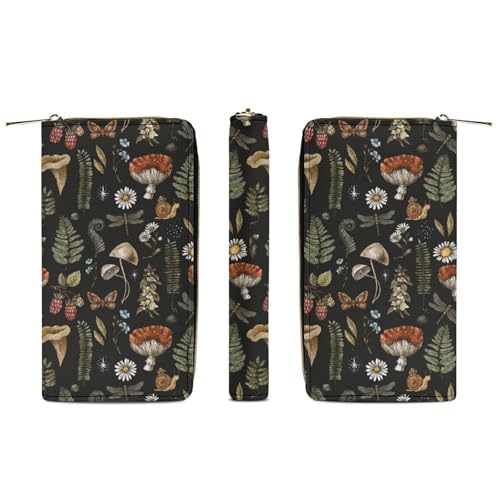 Portable Travel Wallet for Women, Witchy Mystery Vintage Magic Mushrooms Fall Leaf Floral Pu Leather Travel Long Purse Waterproof Large Capacity Multiple Card Holder Wallet3