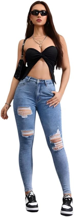 High Waist Ladder Distressed Skinny Jeans for Women – Ripped Casual Denim with Stretch Fabric