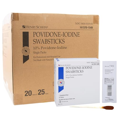 Image of Henry Schein 10% Povidone Iodine Swabstick 1's, Sterile Antiseptic, 500 Ct | Latex Free, Skin Preparation, Single Packs, 20 Boxes of 25, Individually Packed, Ideal for Home First Aid and Medical Use