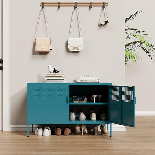 Image of Metal Storage Cabinet,2 Door TV Stand, Metal Mesh Accent Cabinet