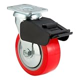 E.R. Wagner Plate Caster, Swivel with Total-Lock Brake, Thread Guard, Polyurethane on Polyolefin Wheel, Roller Bearing, 650 lbs Capacity, 5
