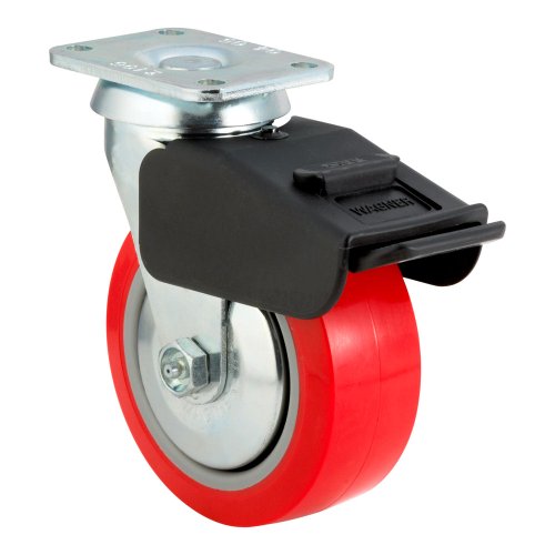 E.R. Wagner Plate Caster, Swivel with Total-Lock Brake, Thread Guard, Polyurethane on Polyolefin Wheel, Roller Bearing, 650 lbs Capacity, 5