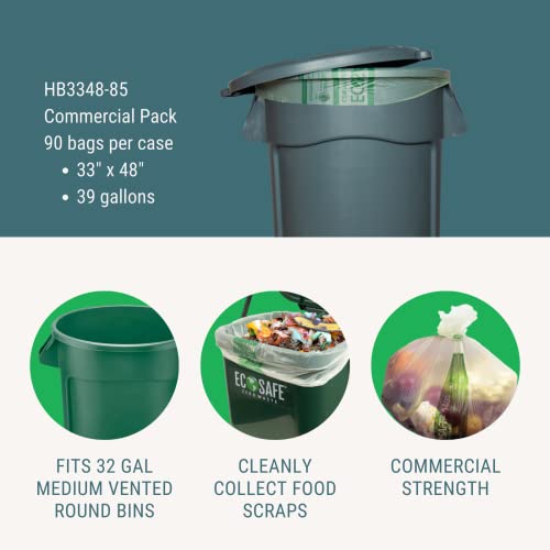 Image of EcoSafe-6400 HB3348-85 Certified Compostable Bag - 33x48 inch Green Bags for 39 Gallon Bin - Extra Strong Leak, Puncture and Tear Resistant Food Scraps Bin Liners, Pack of 90