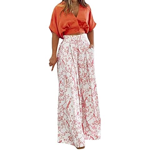 Celucke Women's Sweatsuits & Tracksuits Women Pleated 2 Piece Pants Outfits Casual Loose Button Shirt Blouse Top Long Wide Leg Palazzo Pants Set Jumpsuit Two Piece Pant Suit Orange Cover