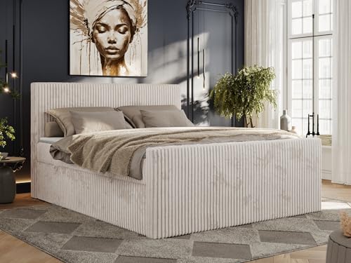 MKS MEBLE Boxspringbett Cord 180x200, Polsterbett Bett Cord, Boxspringbett mit Matratze H4, Bett 180x200 mit Bettkasten and Kopfteil, Doppelbett mit Stauraum - Tiliano Duo - Beige Cord - H4