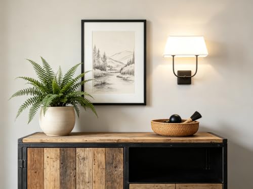 Image of PERMO Transitional Double Sconce Indoor 2 Lights Sconces Black Wall Lighting with White Textile Fabric Square Shade Wall Sconces for Bedroom Bedside Living Room