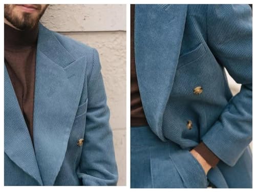 Mens Double Breasted Corduro Suit Slim Fit 2 Piece Peak Lapel Wedding Groomsmen Tuxedos Corduroy Blazer Pants Sets3