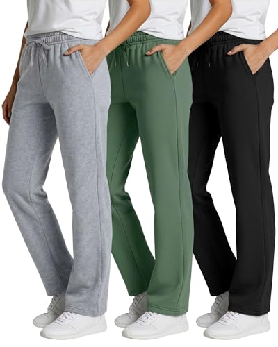 Image of Real Essentials 3 Pack: Women's Relaxed Fit Fleece Open Bottom Sweatpants - Casual Athleisure (Available in Plus)