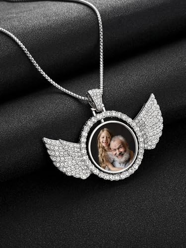 Zysta Customized Double Side Picture Necklace Personalized Photo Crystal Angel Wings Medallion Pendant Customized Photo Rotating Necklace Hip Hop Jewelry for Men Women3