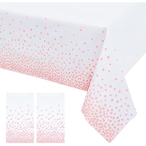Mulbozy 2 Pcs Rose Pink Dot White Plastic Tablecloth for Rectangle Table, Rose Pink Dot Confetti Party Table Covers for Baby Shower, Wedding, Anniversary, Birthday Party Decoration, 54 × 108 inches Cover