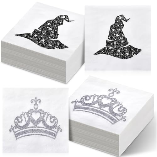 TaoBary 100 Pcs Witch and Princess Napkin for Green Pink Party, 5 x 5 Inch Disposable Cocktail Beverage Napkins Bulk for Witch Princess Theme Birthday Decoration Party Supply Favors