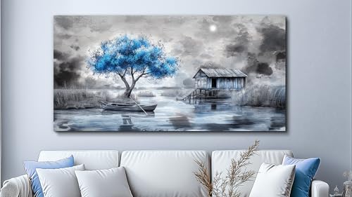 Large Wall Decor for Living Room Stretched and Framed Canvas Wall Art for Office Wall Decorations for Bedroom The Blue Tree Paintings The Hut Picture Artwork Home Decor Ready to Hang