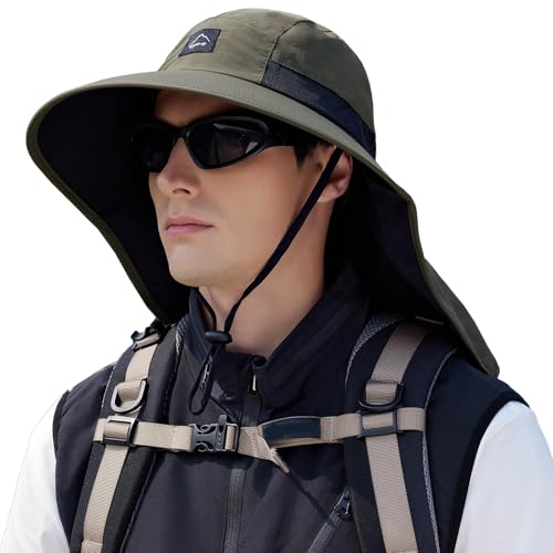 Image of Rosoz Outdoor Sun Hat for Men Women, UPF50+ Protection Safari Cap Wide Brim Mesh Fishing Hat with Neck Flap Beach Garden