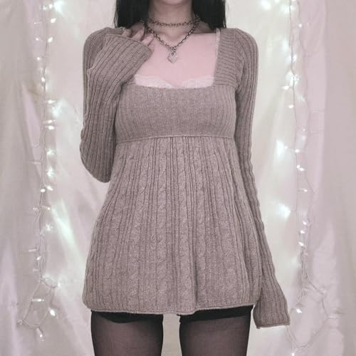 Y2K Fairy Tunic Long Sleeve Knitted Tops Square Neck Low Cut
