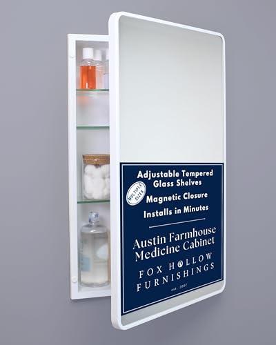 Image of 16x26 Austin Farmhouse Metal Framed Rounded Rectangle Recessed Bathroom Medicine Cabinet, Beveled Mirror, 14x24 in-Wall Opening, powder-coated Steel, Adjustable Glass Shelves, Magnet Close, White