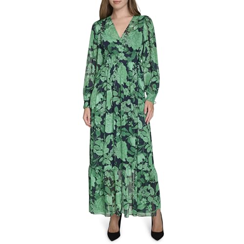 Tommy Hilfiger Vestido largo con mangas globo y cuello sobrepelliz para mujer, Sky Captain/Abundant Green, 12