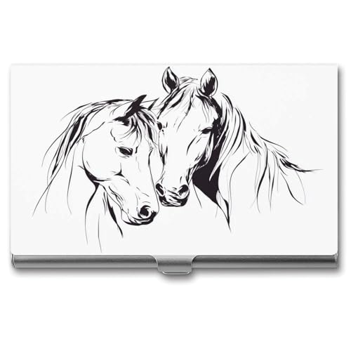 Simple Line Drawing of Two Horses Business Card Holder Pocket Slim Portable Metal Business Card Case