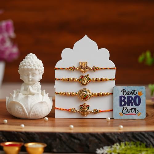 Image of eCraftIndia Set of 4 Designer Rakhi with Buddha Showpiece & Best Bro Ever Fridge Magnet | Premium Raksha Bandhan Gift Set for Brother | Roli Chawal